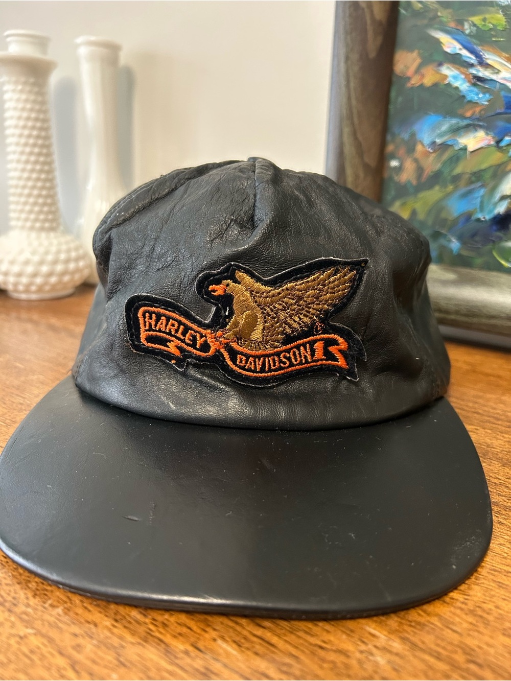 80s/90s Harley Davidson Black Leather Eagle Cap Hat Made in Canada Winnipeg R3B